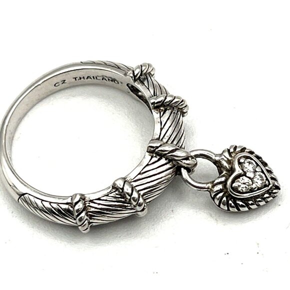 Judith Ripka Sterling Silver 925 CZ Dangle Heart Charm Ring Sz 9 - Picture 7 of 9